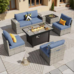 Modular Outdoor Wicker Sofa Set with Fire Pit Table-0