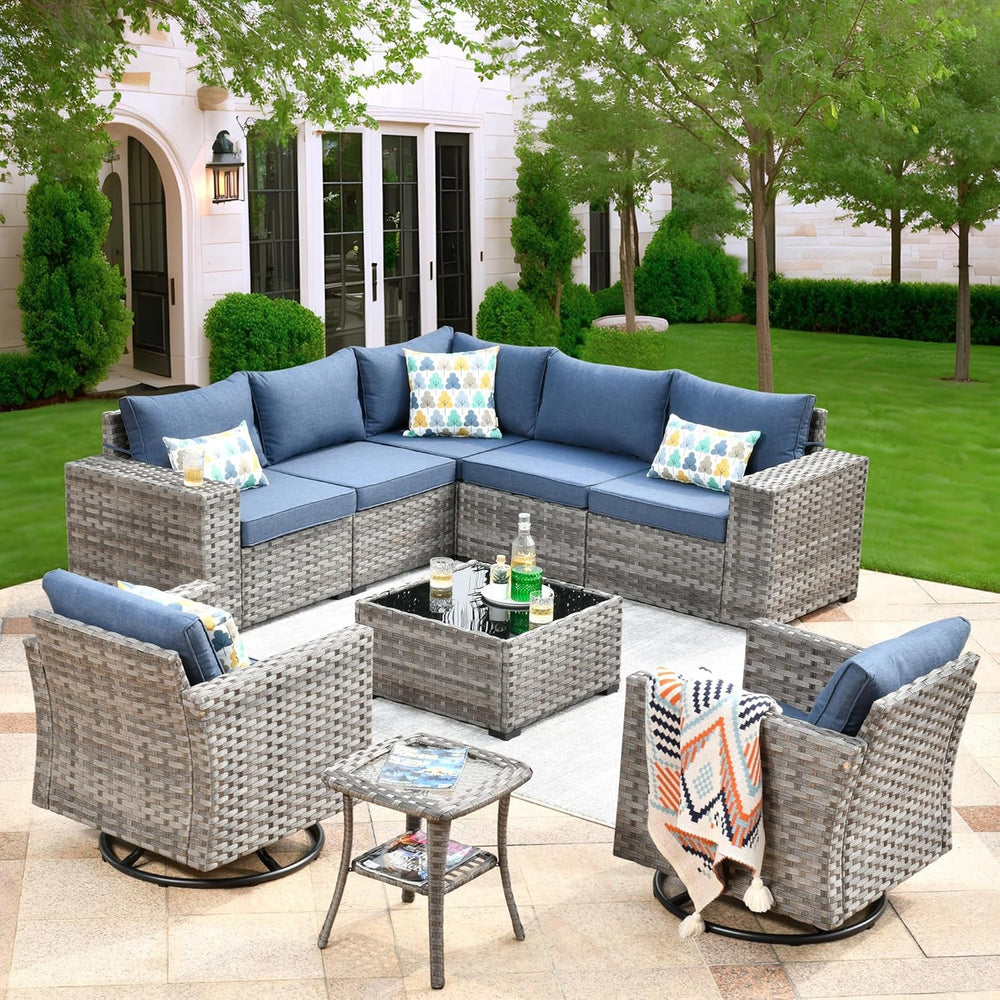 Outdoor Wicker Sectional Sofa Set with Swivel Chairs-0