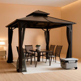 10x12 Brown Hardtop Gazebo With Steel Frame And Netting For Outdoor Patio Garden Canopy Shelter-0