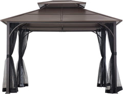 10x12 Brown Hardtop Gazebo With Steel Frame And Netting For Outdoor Patio Garden Canopy Shelter-3