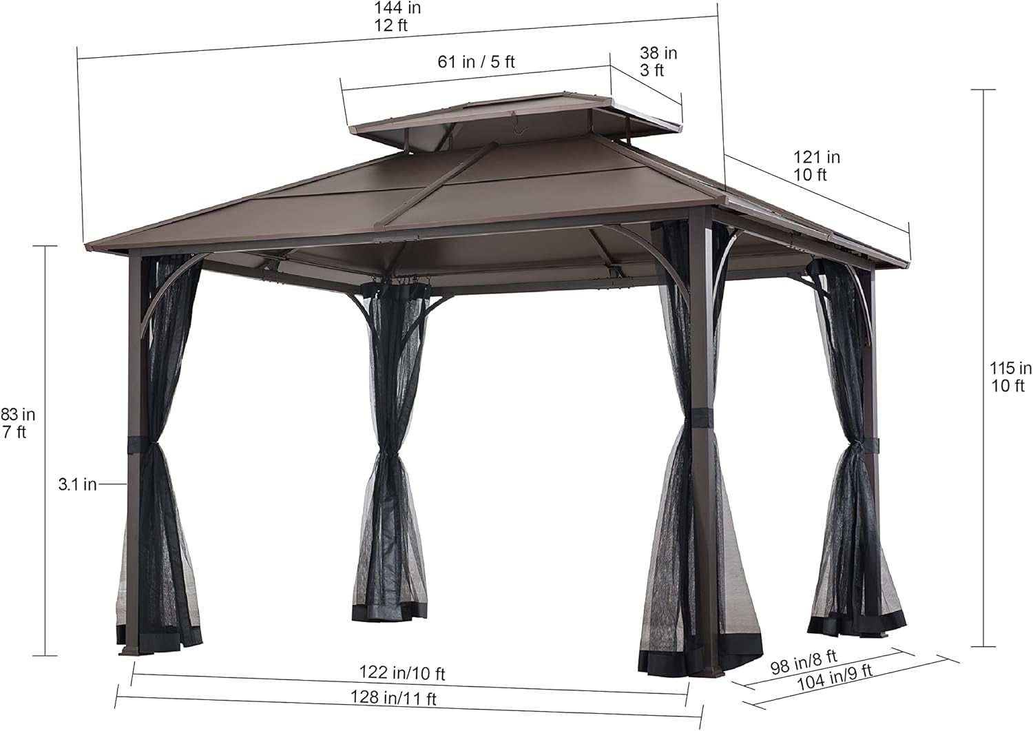 10x12 Brown Hardtop Gazebo With Steel Frame And Netting For Outdoor Patio Garden Canopy Shelter-4
