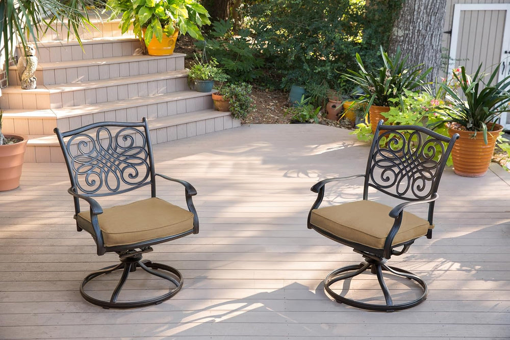 7 Piece Patio Dining Set 6 Swivel Chairs Tan Cushions 38x72-2