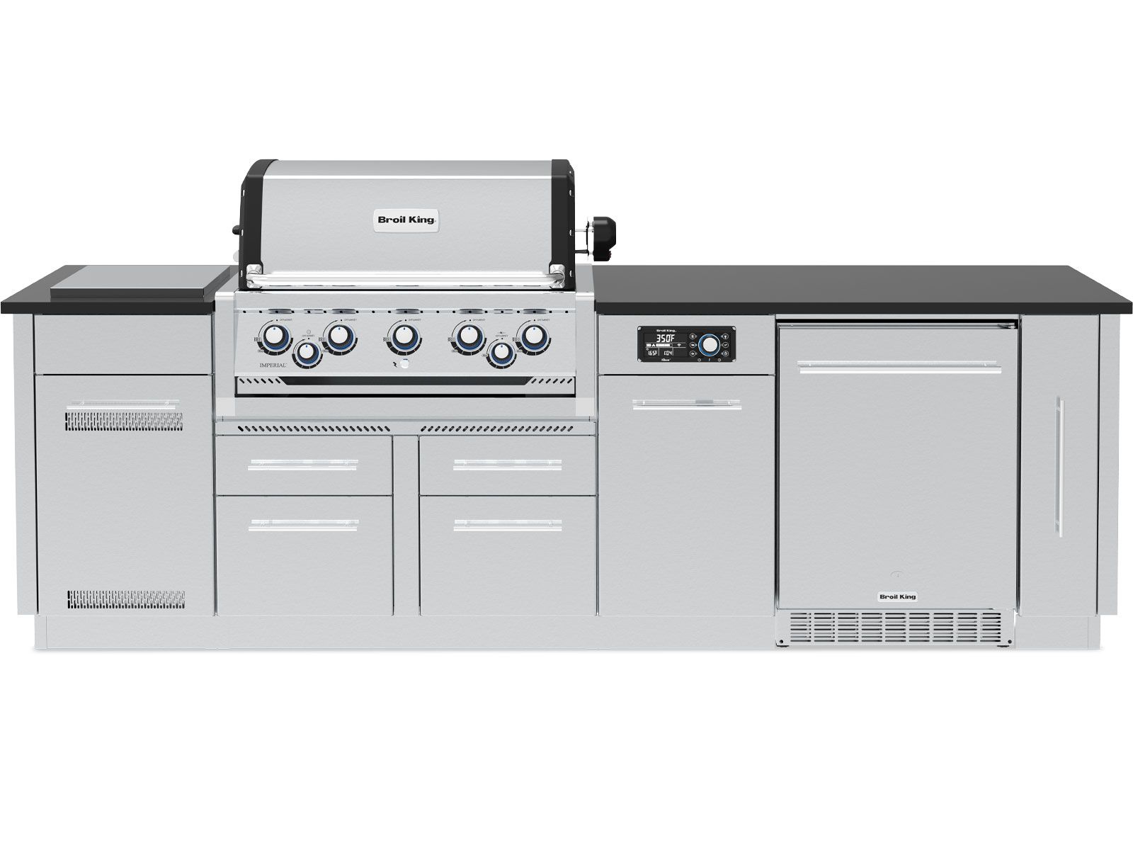 Broil King Imperial Outdoor Kitchen Island with QS 590i 5-Burner Grill, Rotisserie, Side Burner & Refrigerator