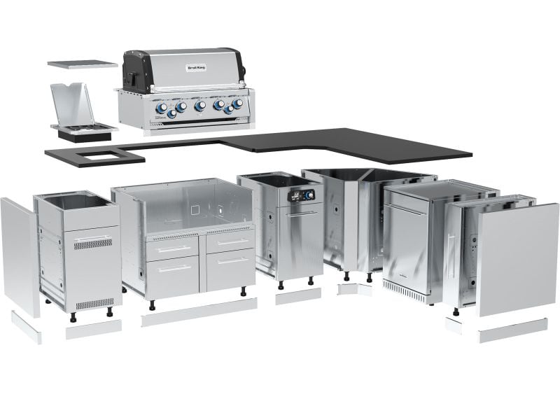 Broil King 111 x 70-Inch Outdoor Kitchen Island with Imperial QS 590i 5-Burner Gas Grill, Rotisserie, Side Burner & Refrigerator