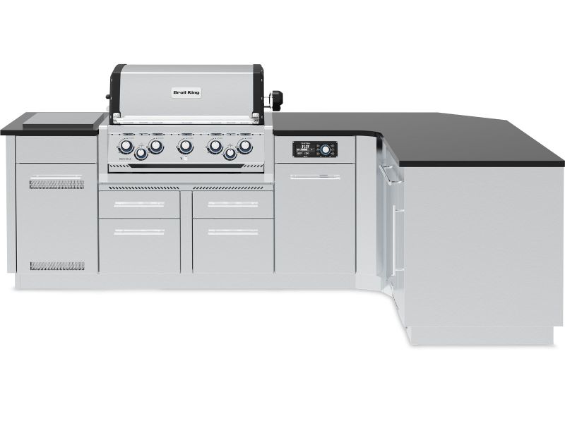 Broil King 111 x 70-Inch Outdoor Kitchen Island with Imperial QS 590i 5-Burner Gas Grill, Rotisserie, Side Burner & Refrigerator