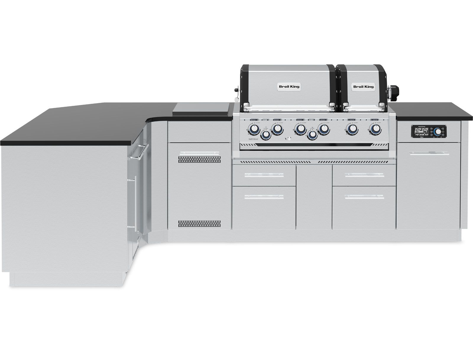 Broil King 70 x 118-Inch Outdoor Kitchen Island with Imperial QS 690i 6-Burner Gas Grill, Rotisserie, Side Burner & Refrigerator