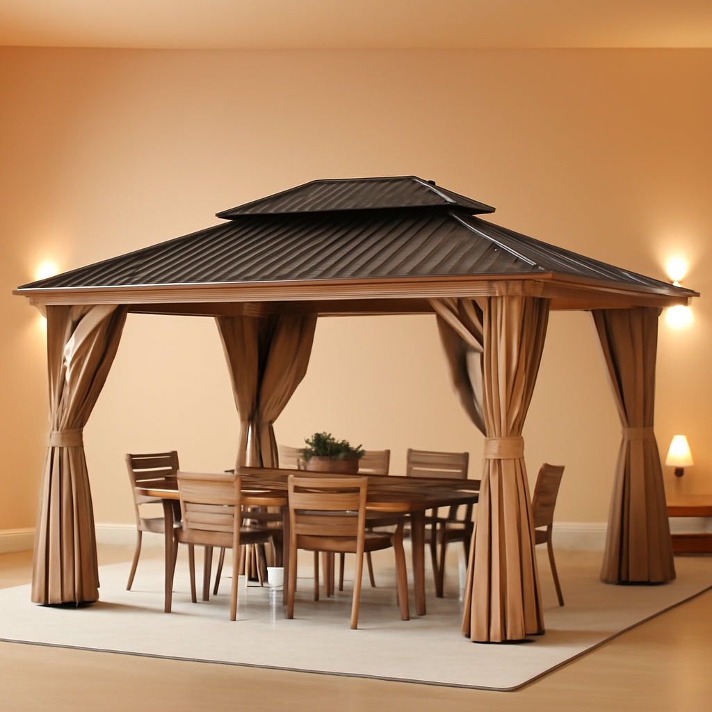 11x13 Wood Gazebo With Durable Outdoor Galvanized Steel Roof Netting And Curtains In Brown-0