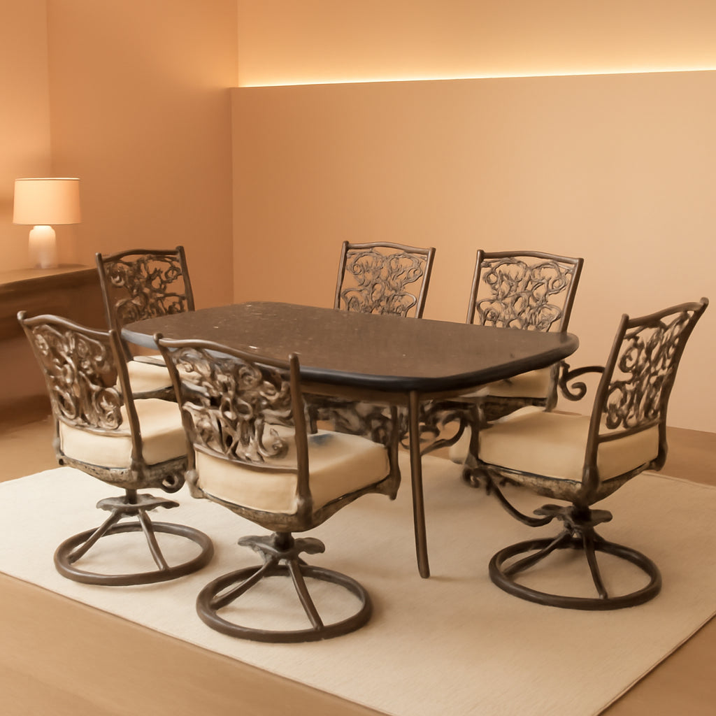 7 Piece Patio Dining Set 6 Swivel Chairs Tan Cushions 38x72-0