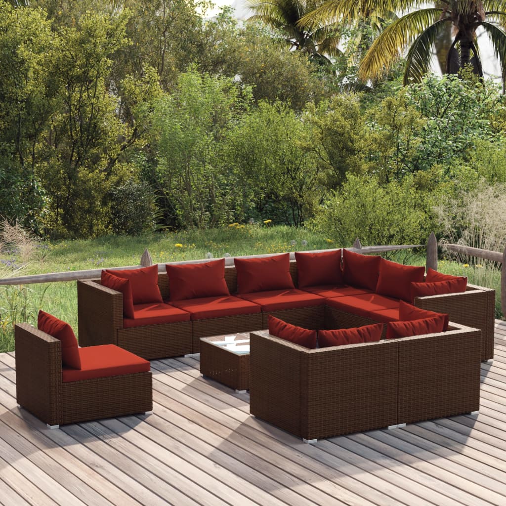 vidaXL 10 Piece Patio Lounge Set with Cushions Poly Rattan Brown-0