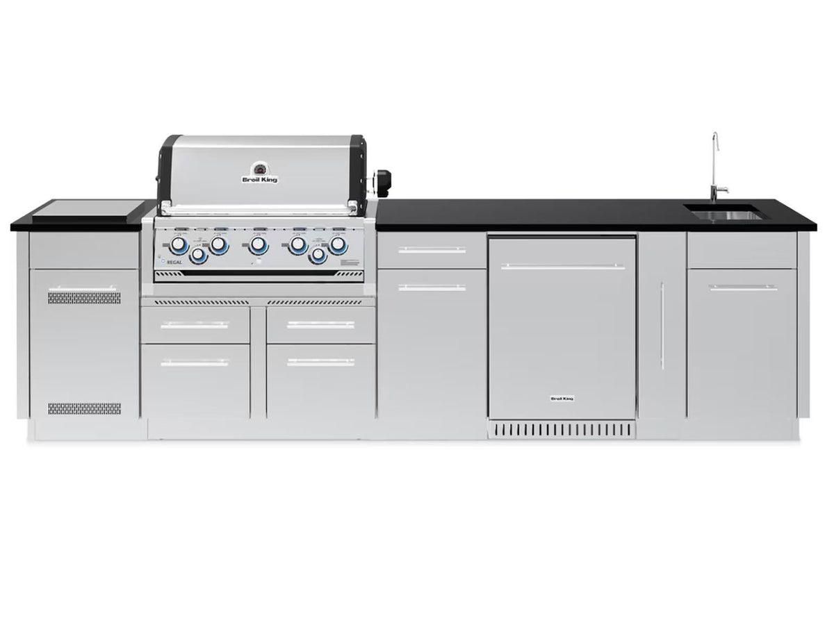 Broil King Imperial 126-Inch Complete Outdoor Kitchen Island with S 590i 5-Burner Gas Grill, Rotisserie, Side Burner & Refrigerator