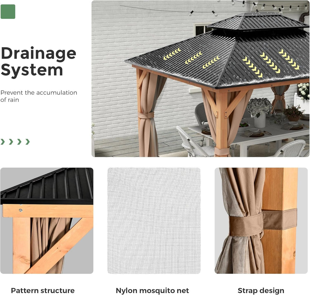 11x13 Wood Gazebo With Durable Outdoor Galvanized Steel Roof Netting And Curtains In Brown-1