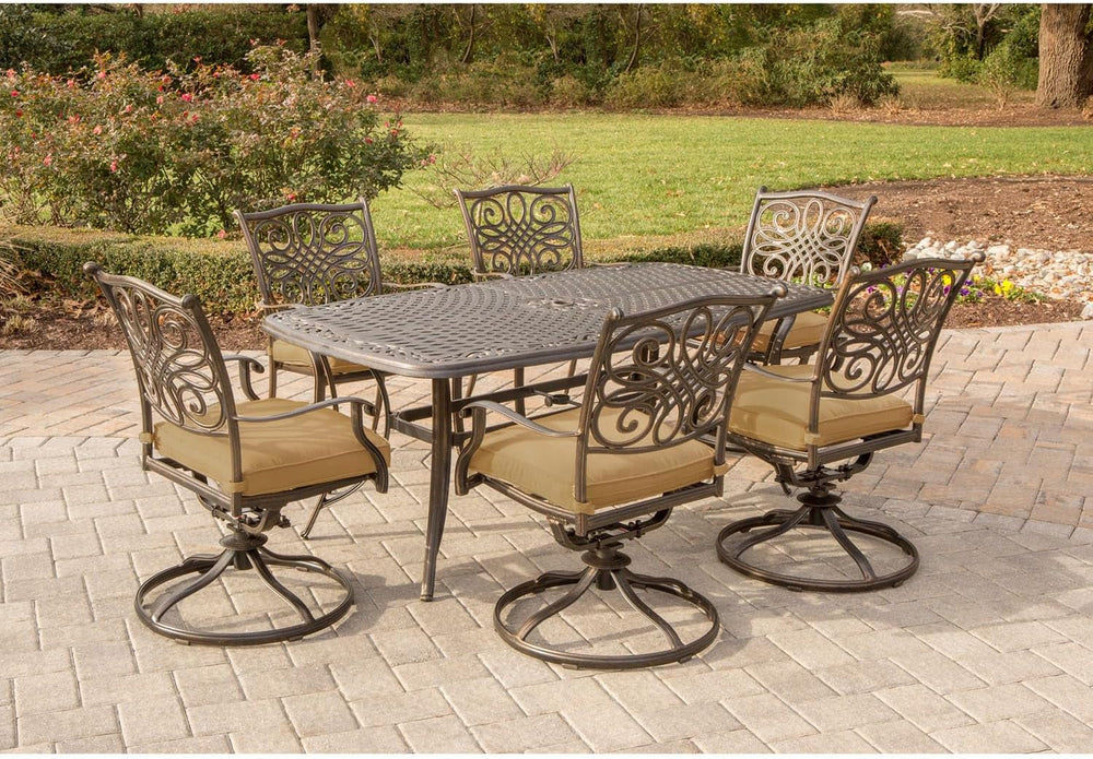 7 Piece Patio Dining Set 6 Swivel Chairs Tan Cushions 38x72-1