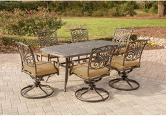 7 Piece Patio Dining Set 6 Swivel Chairs Tan Cushions 38x72-1