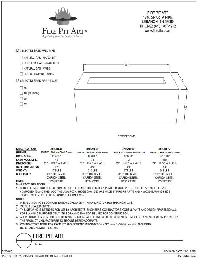 Fire Pit Art Linear 36" Modern Artisan Fire Pit (110K BTU)