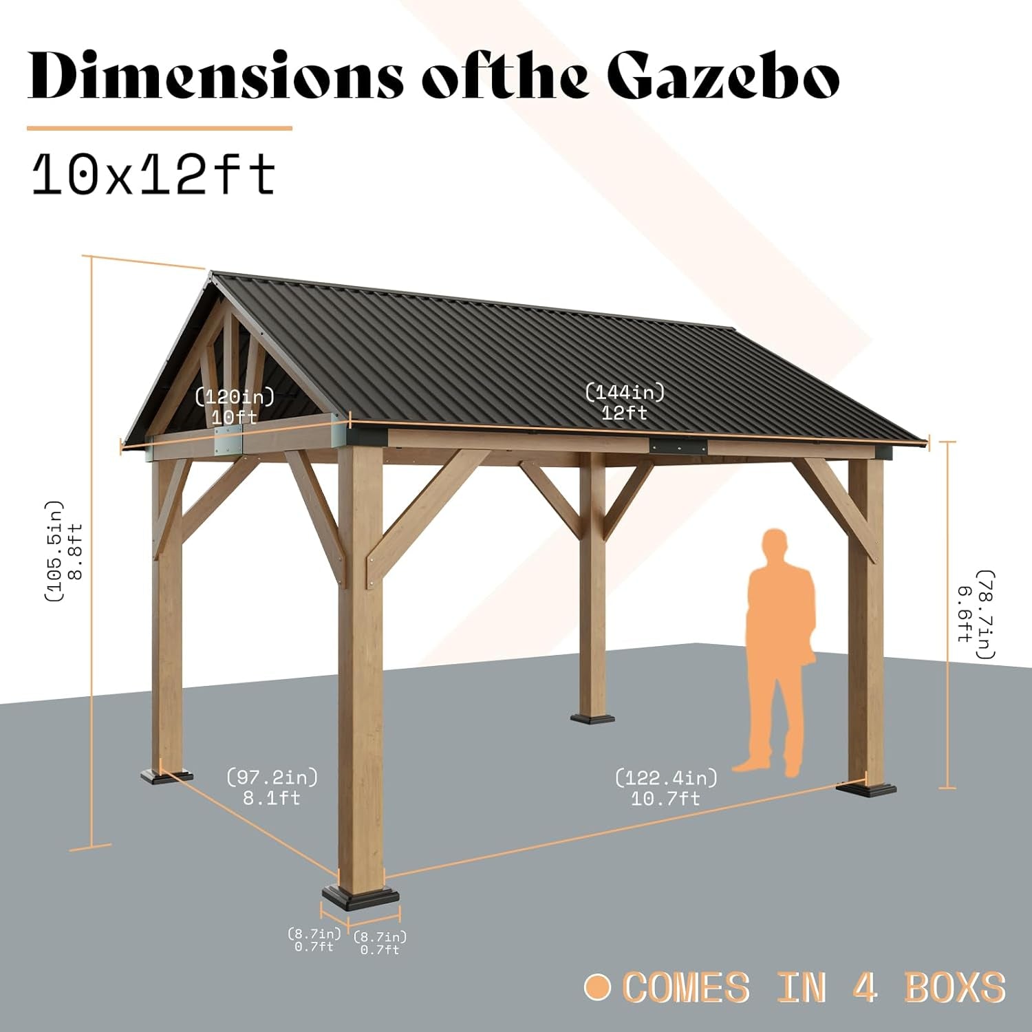Ten By Twelve Feet Black Spruce Wood Gazebo Metal Roof-1