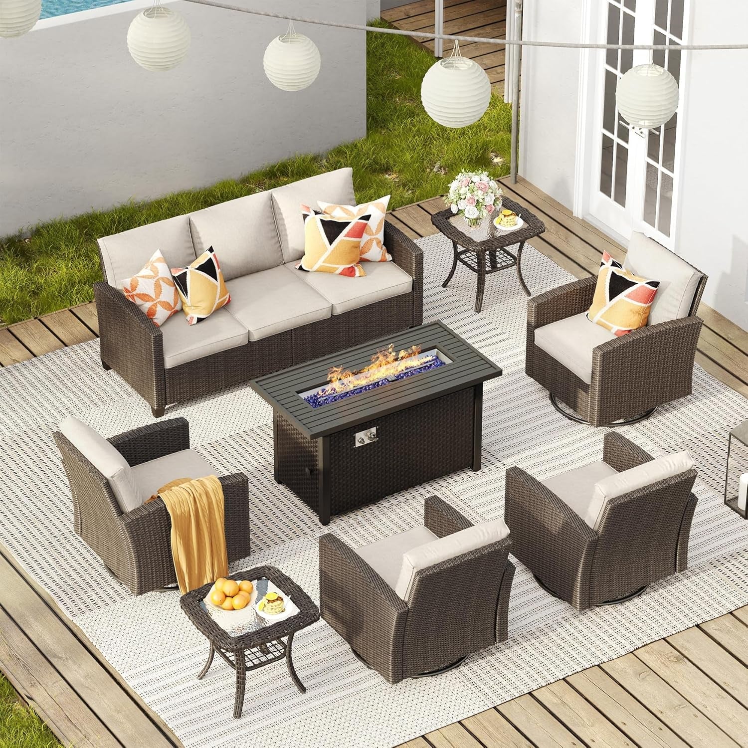 Eight Piece Outdoor Patio Furniture Set with Firepit-0