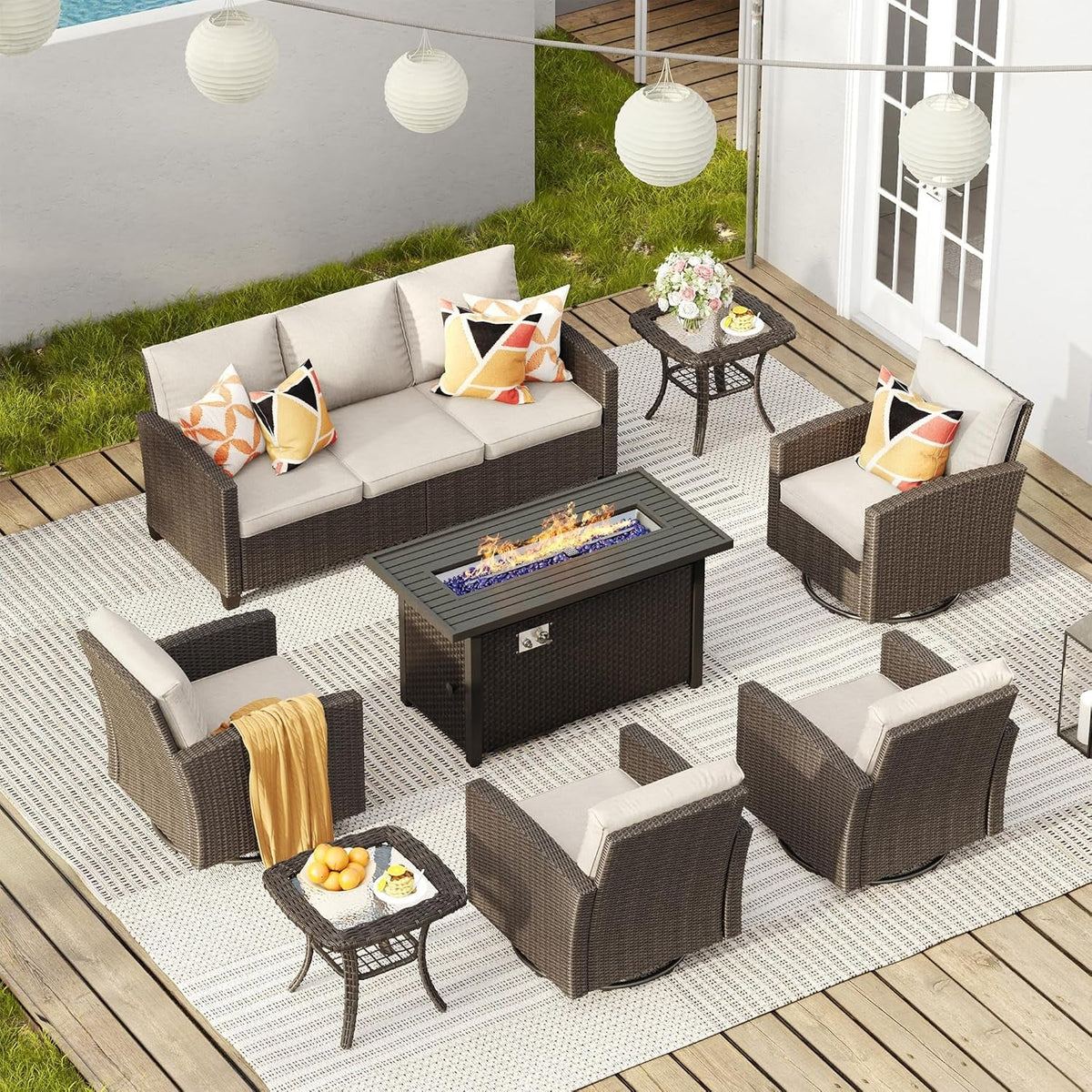 Eight Piece Outdoor Patio Furniture Set with Firepit-0