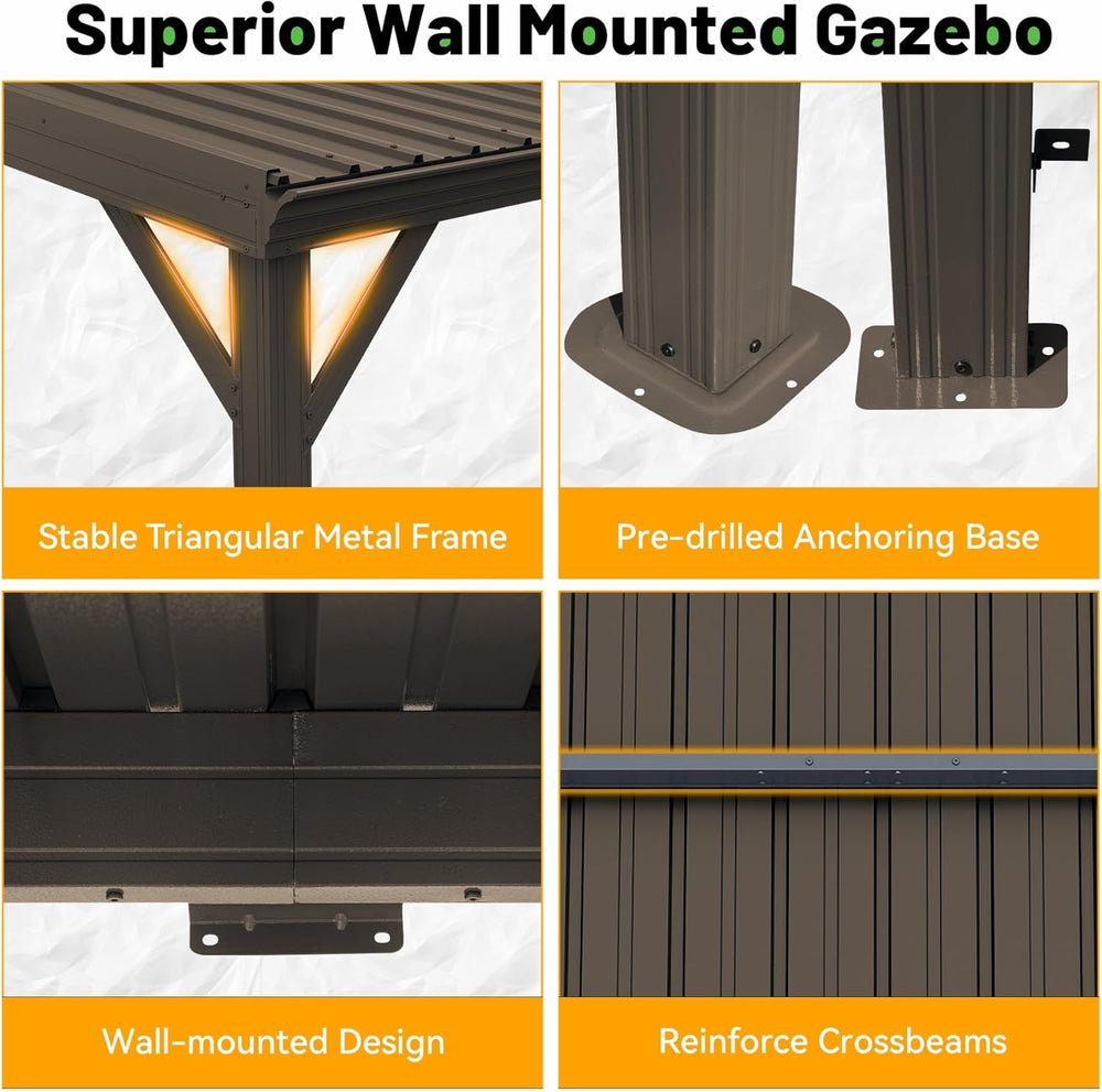 12x20 Ft Lean-To Gazebo Wall-Mounted Hardtop Brown-4