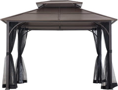 10x12 Brown Hardtop Gazebo With Steel Frame And Netting For Outdoor Patio Garden Canopy Shelter-1