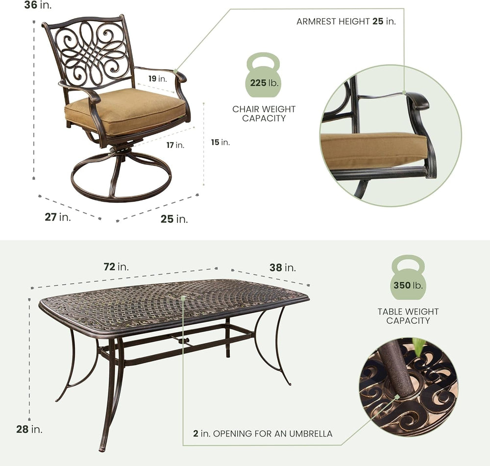 7 Piece Patio Dining Set 6 Swivel Chairs Tan Cushions 38x72-4