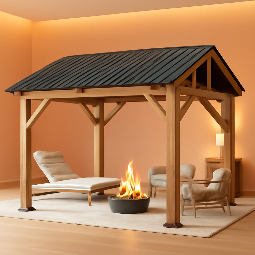 Ten By Twelve Feet Black Spruce Wood Gazebo Metal Roof-0