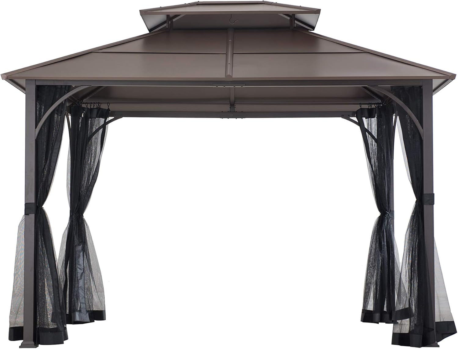 10x12 Brown Hardtop Gazebo With Steel Frame And Netting For Outdoor Patio Garden Canopy Shelter-3